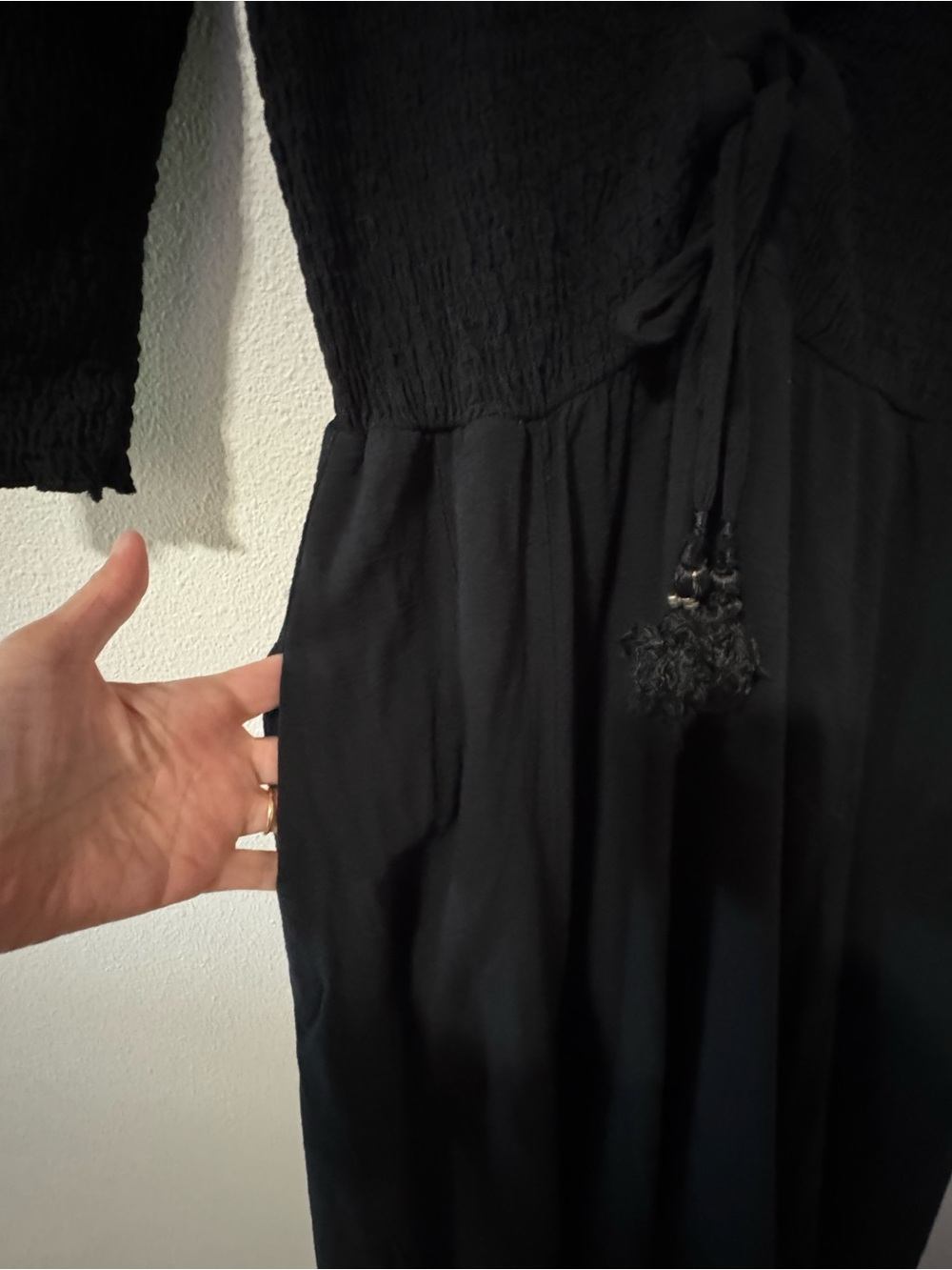 Free People Perfect Solution Maxi Dress Black Smock Lace-Up Long Sleeve-Small - Picture 8 of 13